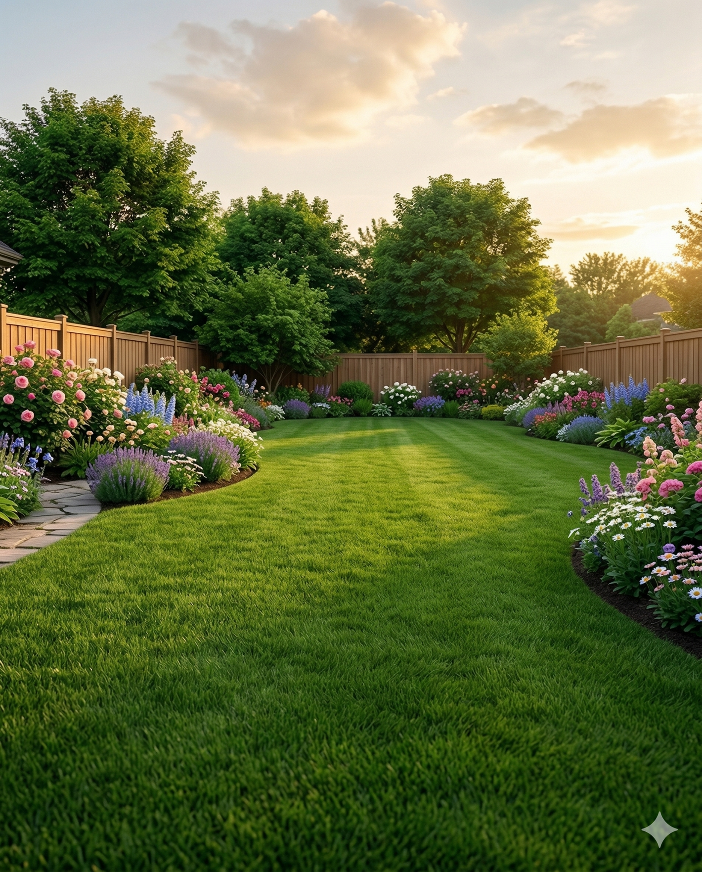 View an healthy backyard lawn